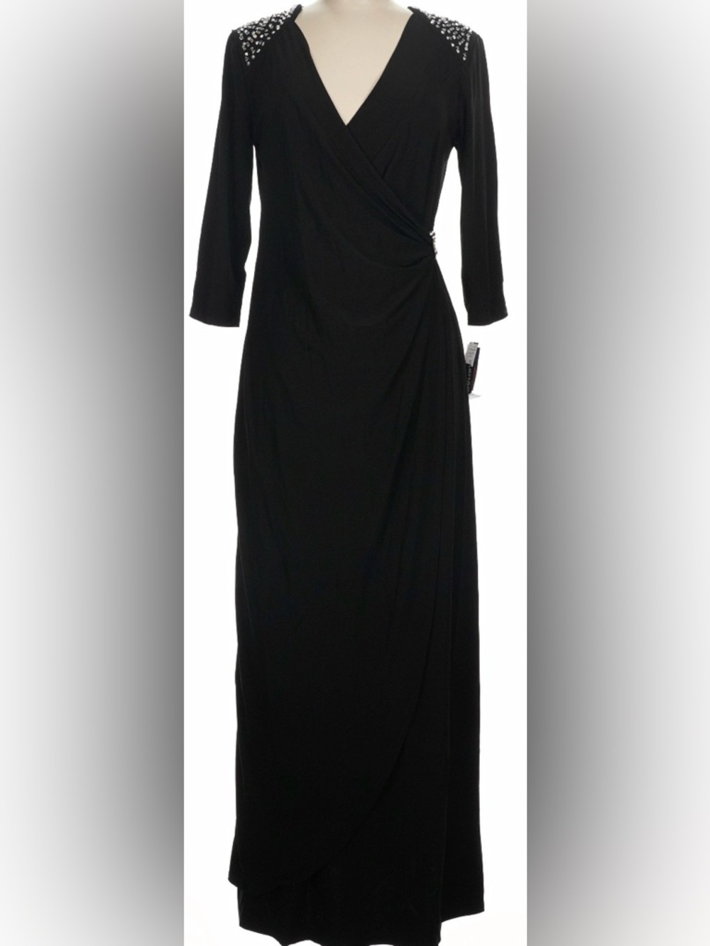 Elegant R&M Richard’s Black Embellished Shoulder Wrap Maxi Dress size 8.